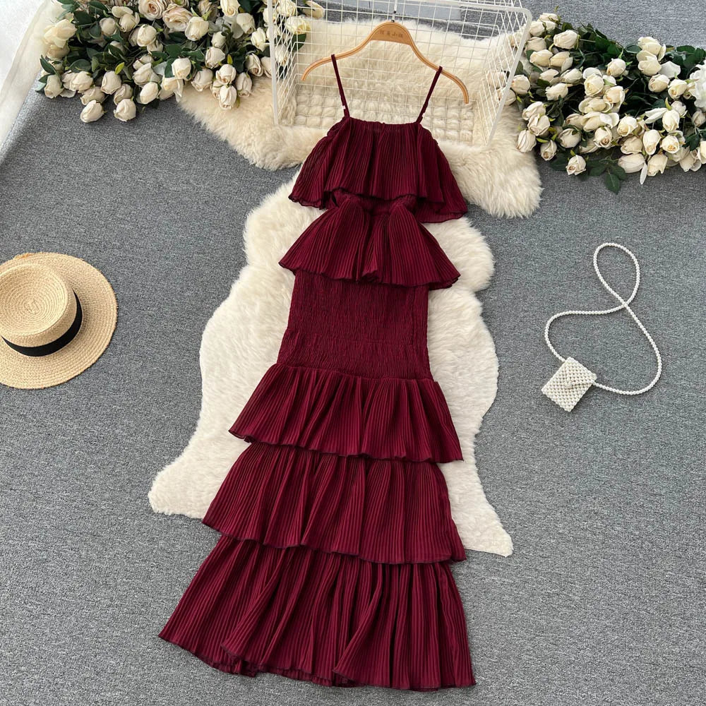 Ruffles Pleated Strapless Sleeveless Slim Dress