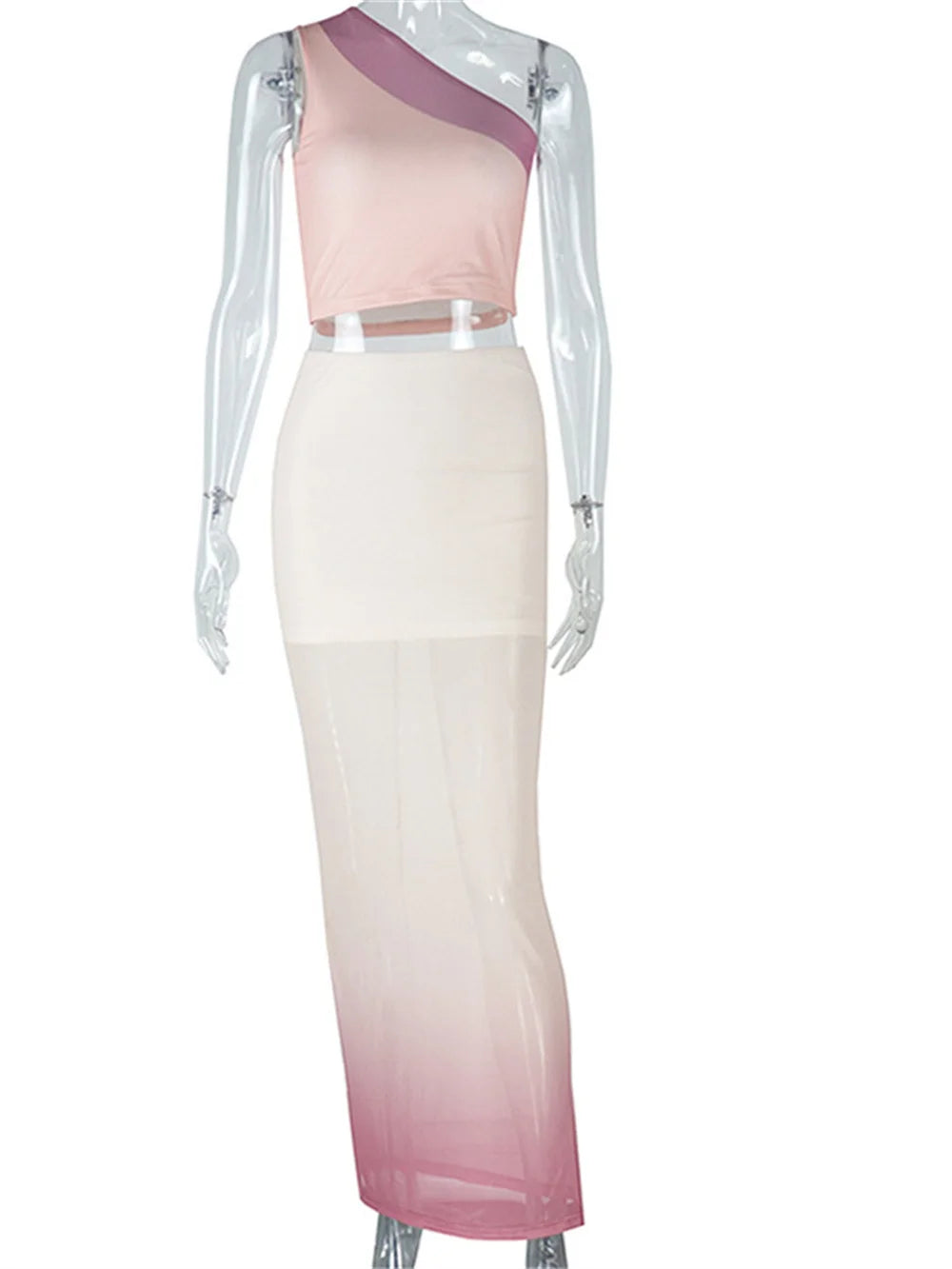 Elegant One-Shoulder Tank Tops+Double Deck Maxi Skirts Two Piece Set