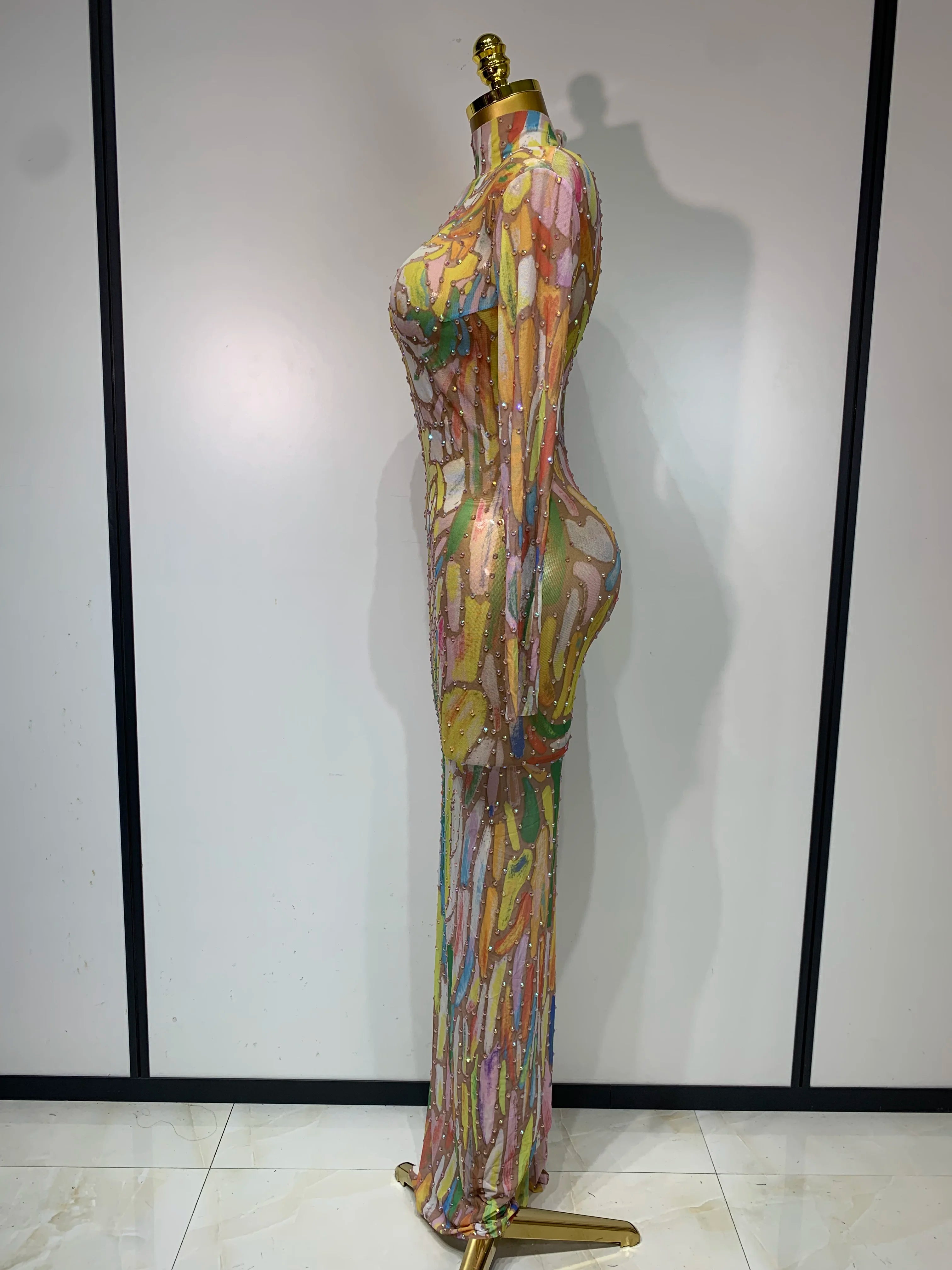 Stretchy See Through Mesh Sparkly Rhinestone Dress