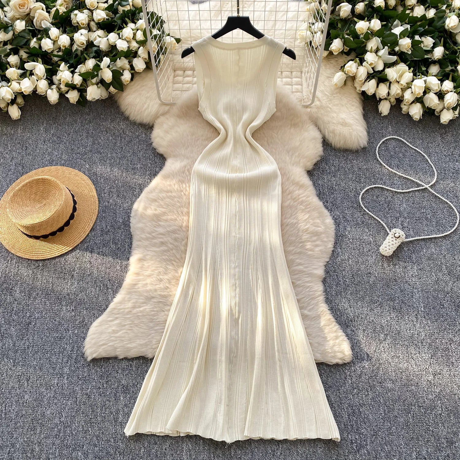 Elegant Office Lady Dress O Neck Sleeveless Knitted Bodycon Dress Sundress