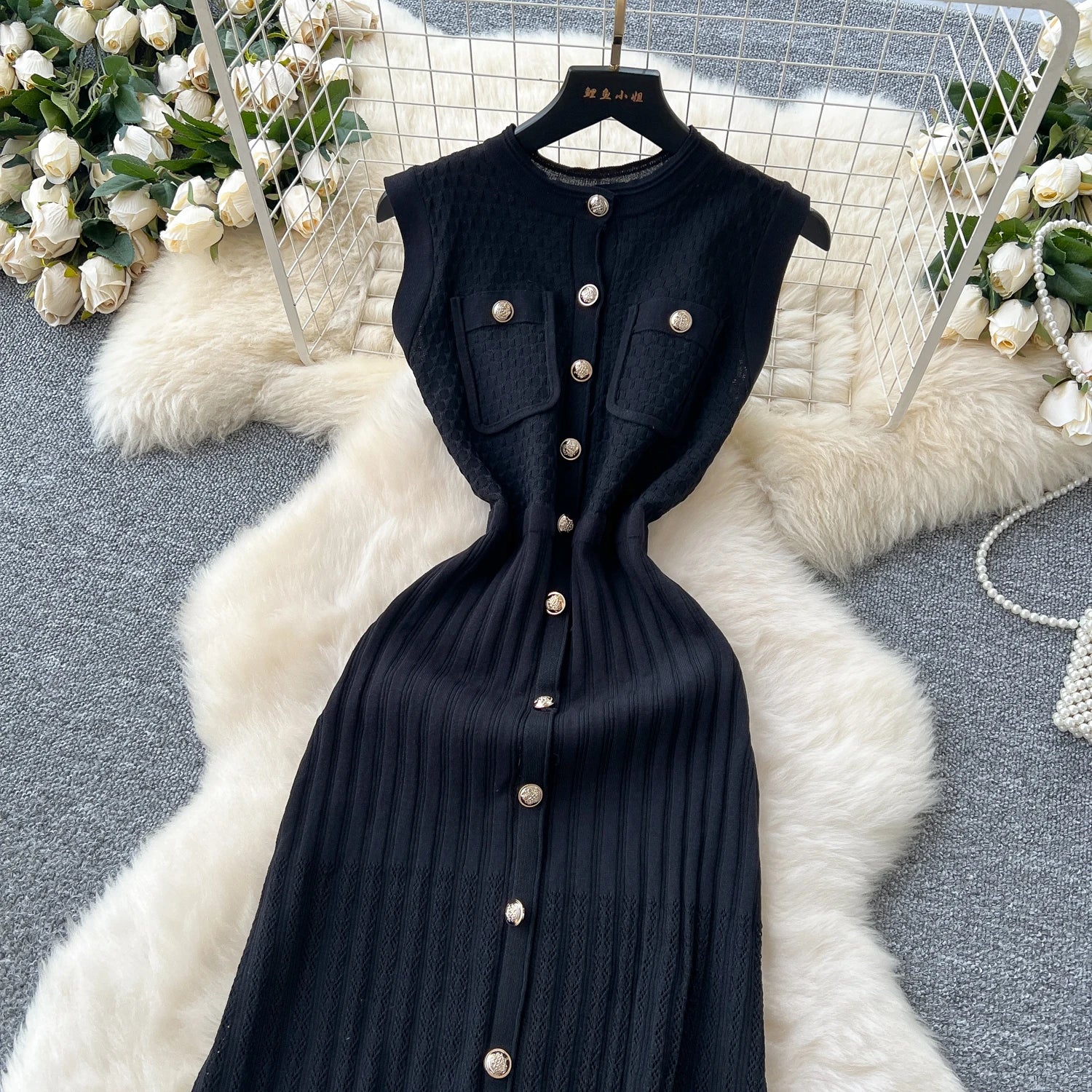 Office Lady Dress O Neck Sleeveless Single Breasted Chic Knitted Dress