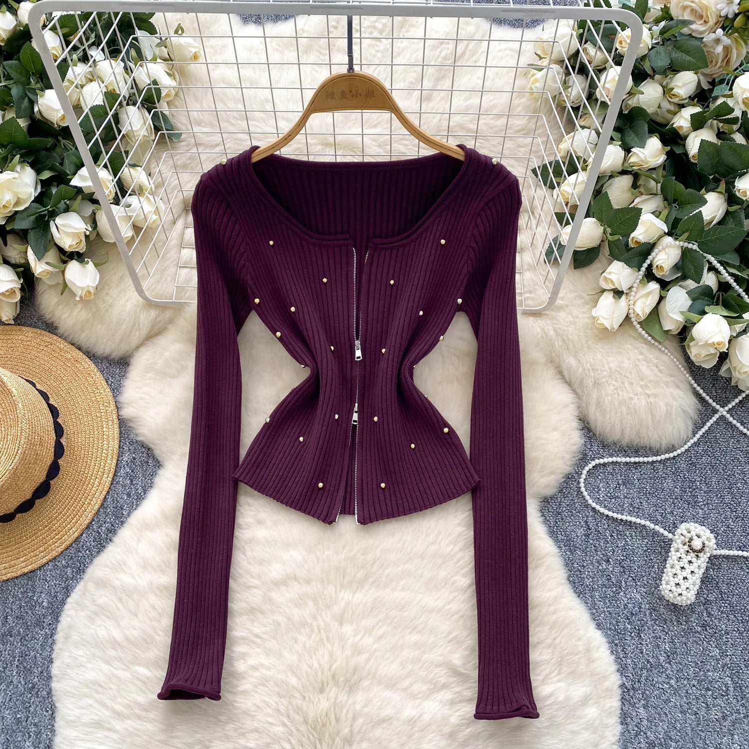 Slim Pullovers Beadings Zippers Short Knitted Skinny Tops