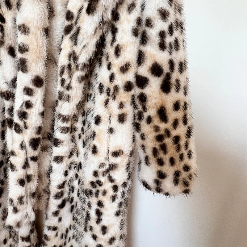 Long Belted Leopard Faux Fox Fur Coat Stylish Street Fashion