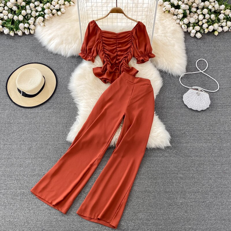 High Waist Drape Pants, Square Collar  Blouse Two-piece Suit