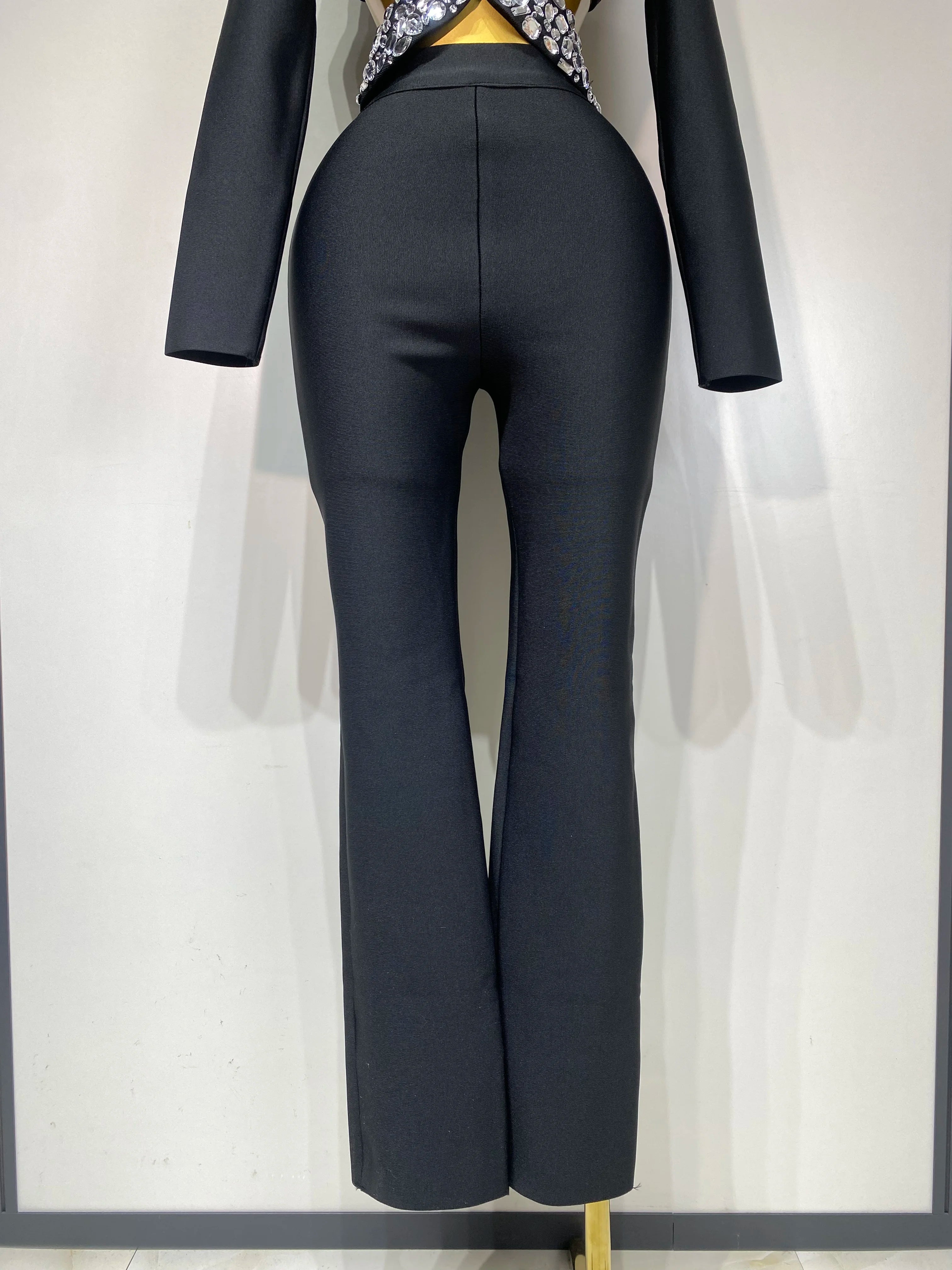Cut Out Long Sleeve Beading Bodycon Two Pieces Pants Bandage Set