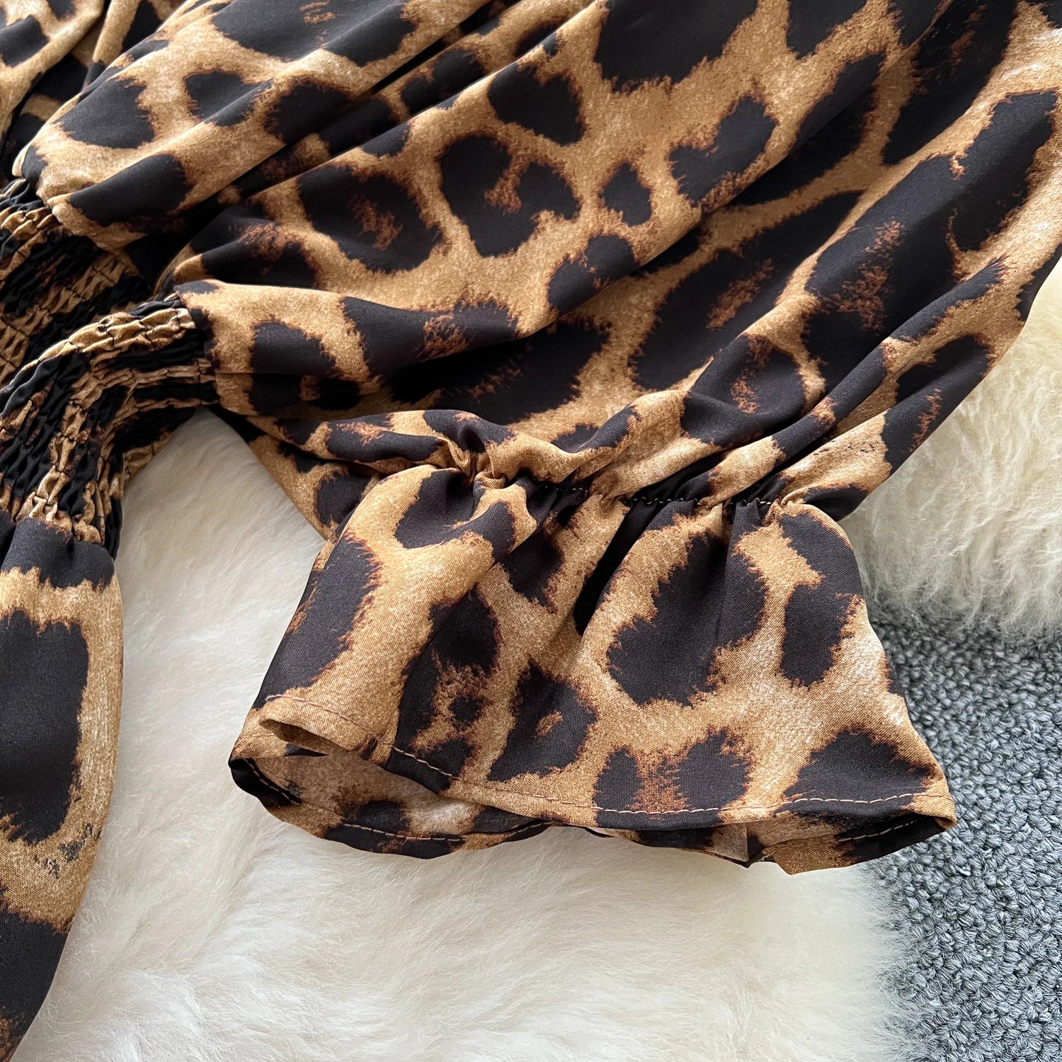Flared Sleeves Elastic Waist Slim Fit Leopard Print Long Rompers Jumpsuit