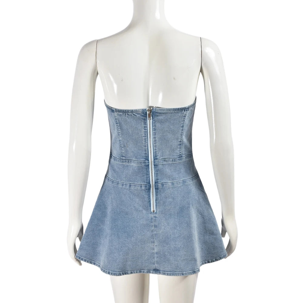 Y2K Vintage Strapless Elastic Sleeveless Backless Pleated Denim Dress