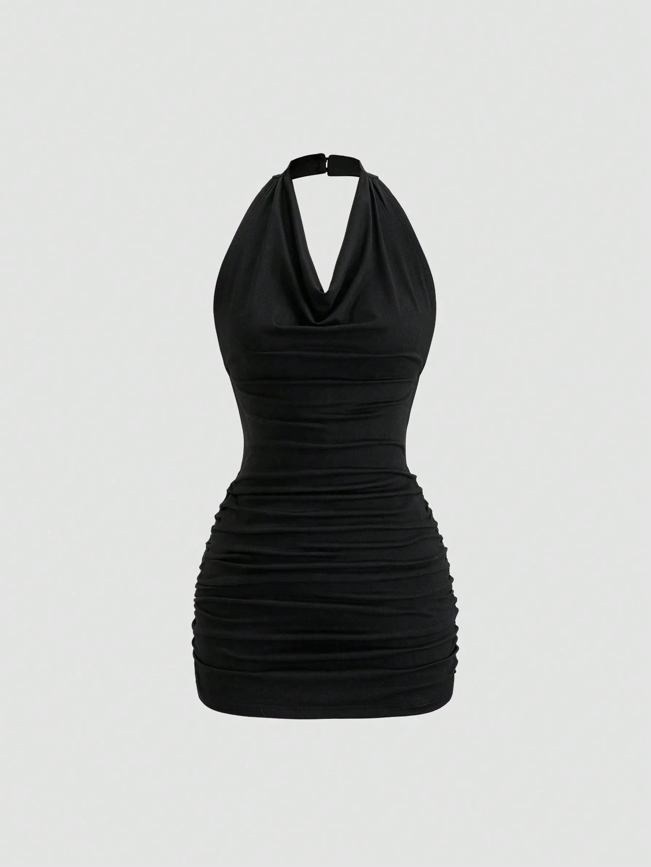 Backless Pleating V-Neck Back Tie Halter Slim Fit Mini Dress