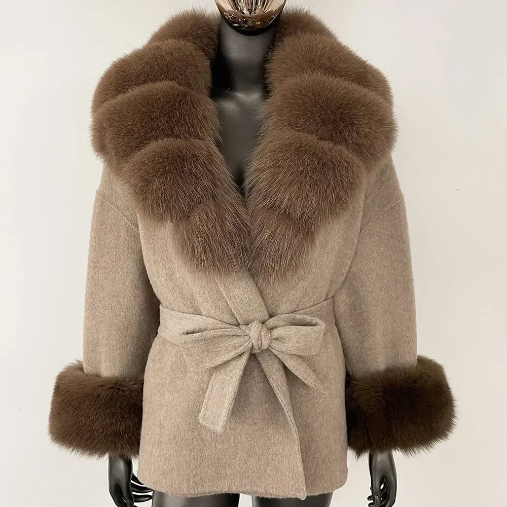 Winter Loose Outerwear Casual Natural Real Raccoon Fox Fur Blends Wool Coat