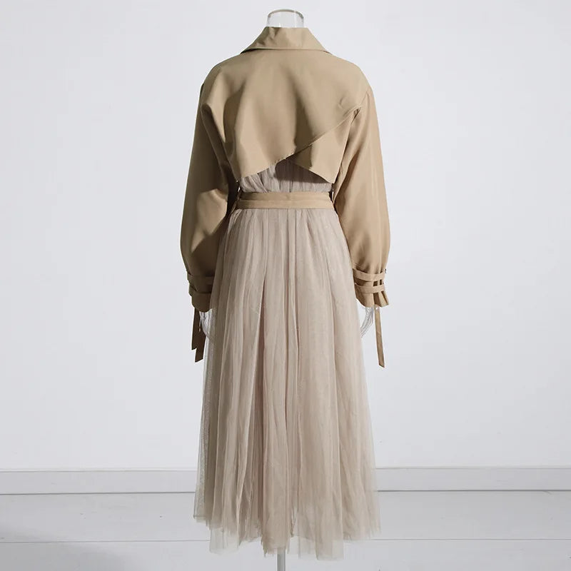Loose Mesh Stitching Casual High Waist Long Trench Coat