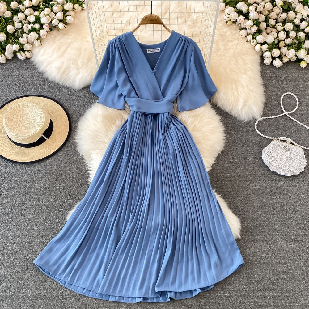 V-neck Pleated Dress