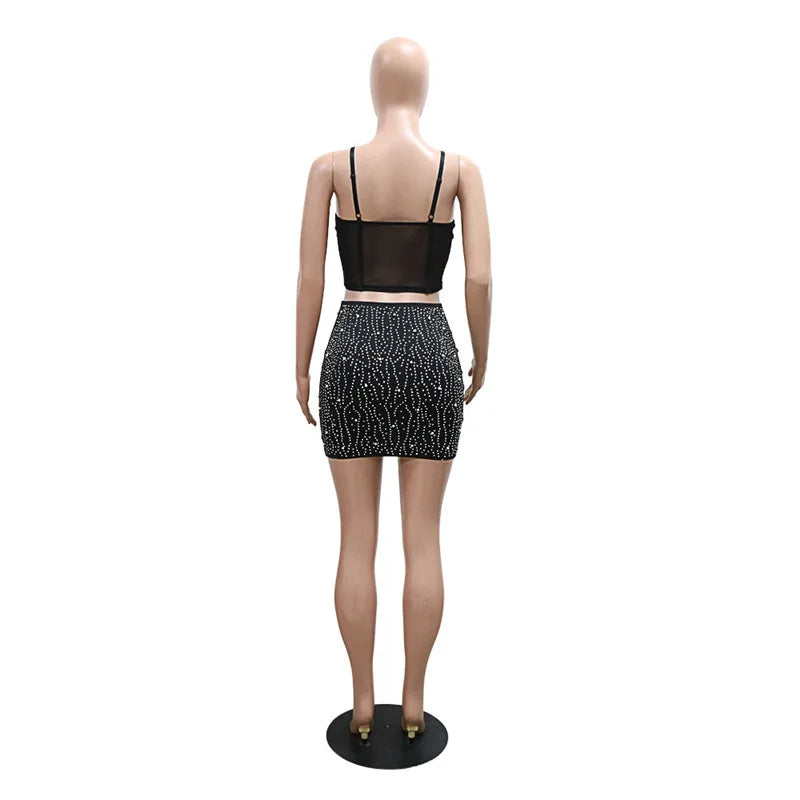 Two Piece Set Strap Mesh Rhinestone Top and Diamonds Mini Skirts Sets