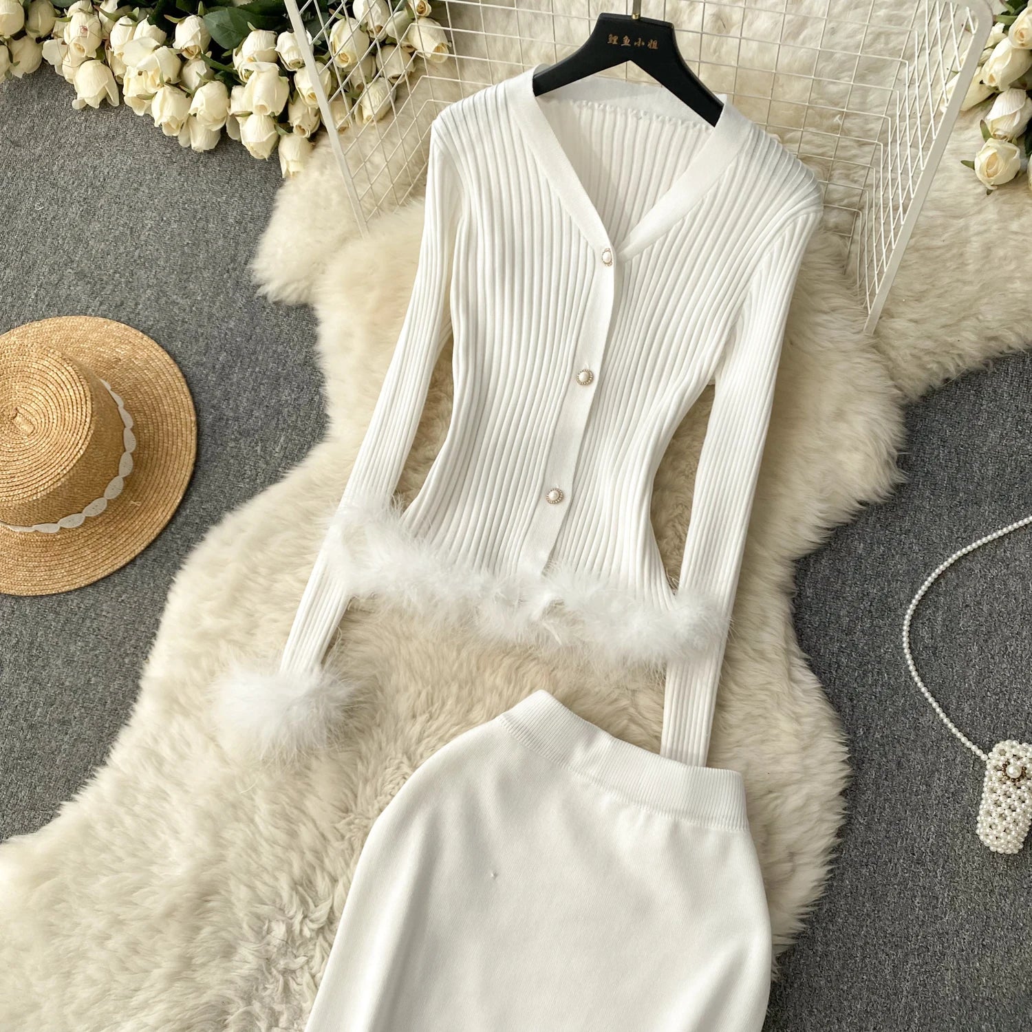 French Style Cardigan+Bodycon Skirt Knit 2pcs Sets