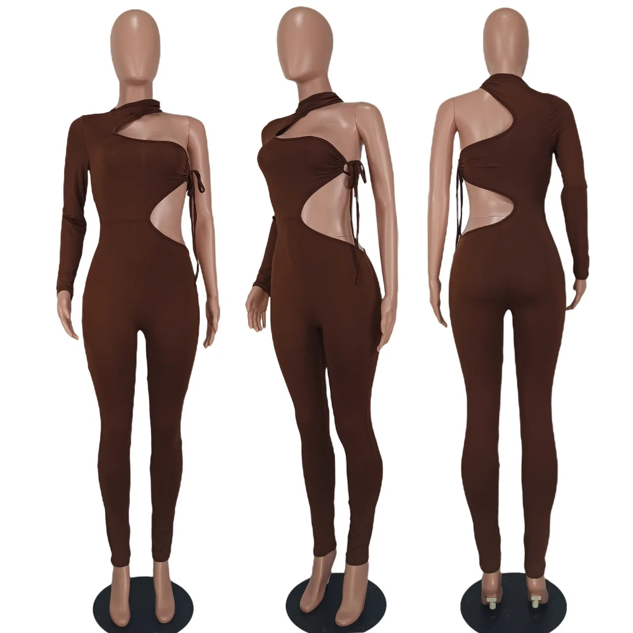 Tie Up Open Side One Shoulder Long Sleeve Jumpsuit