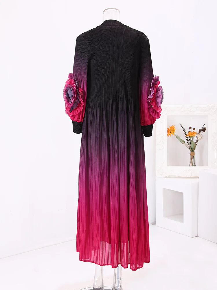 Pleated Set Gathered Waist Floral Sleeves Coat Sleeveless Long Dresses