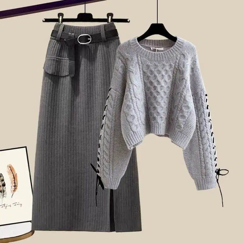 Long Sleeve O Neck Ribbed Top+Midi Skirt Dress Two Piece Sets