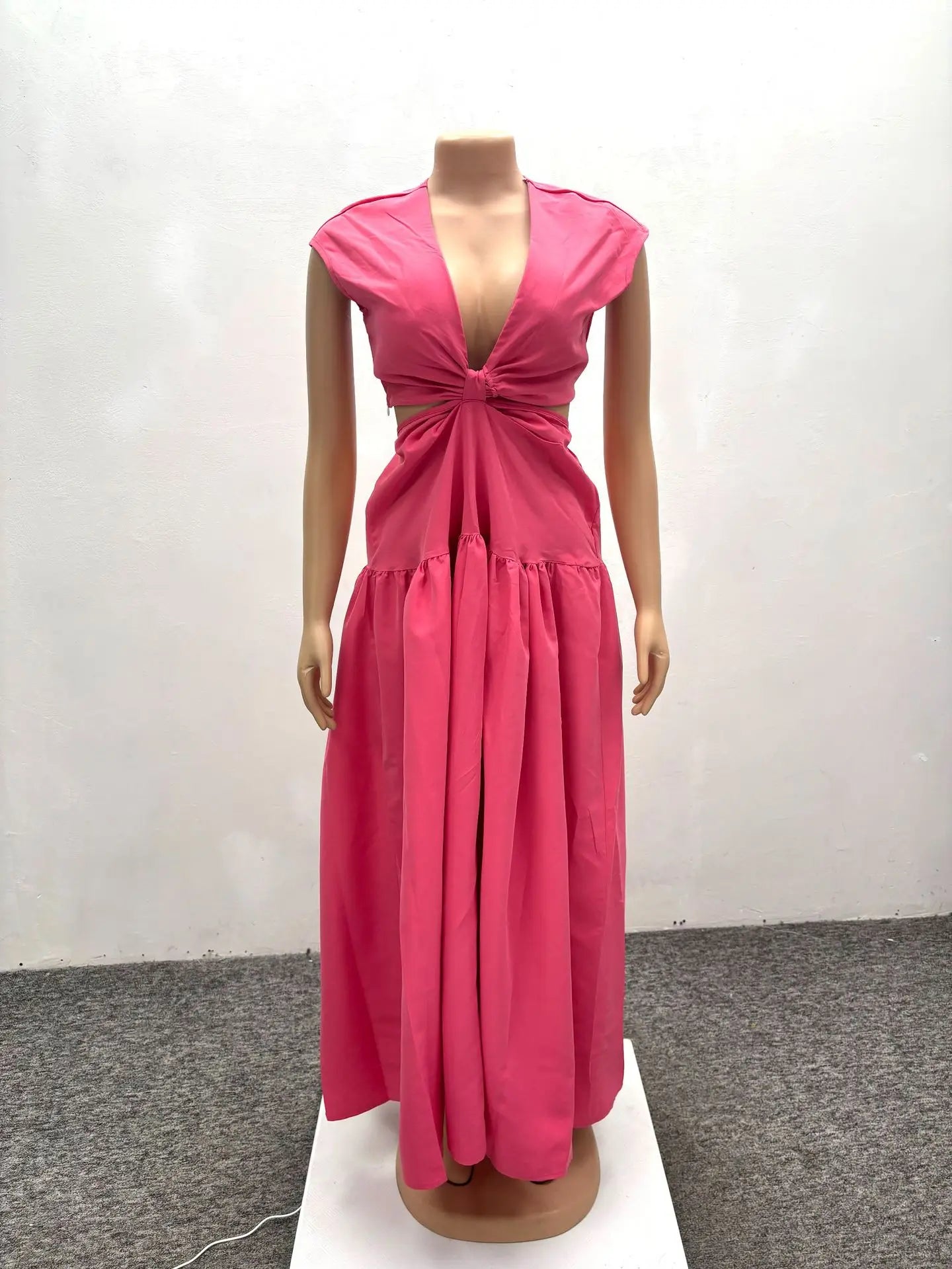 Short Sleeve Tie Up Open Waist Deep V-neck Maxi Long Dress