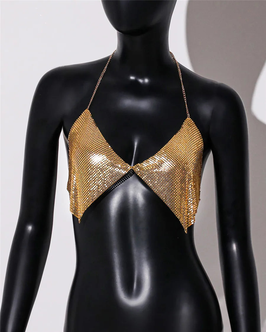 Metal Sequins Backless Halter Crop Top