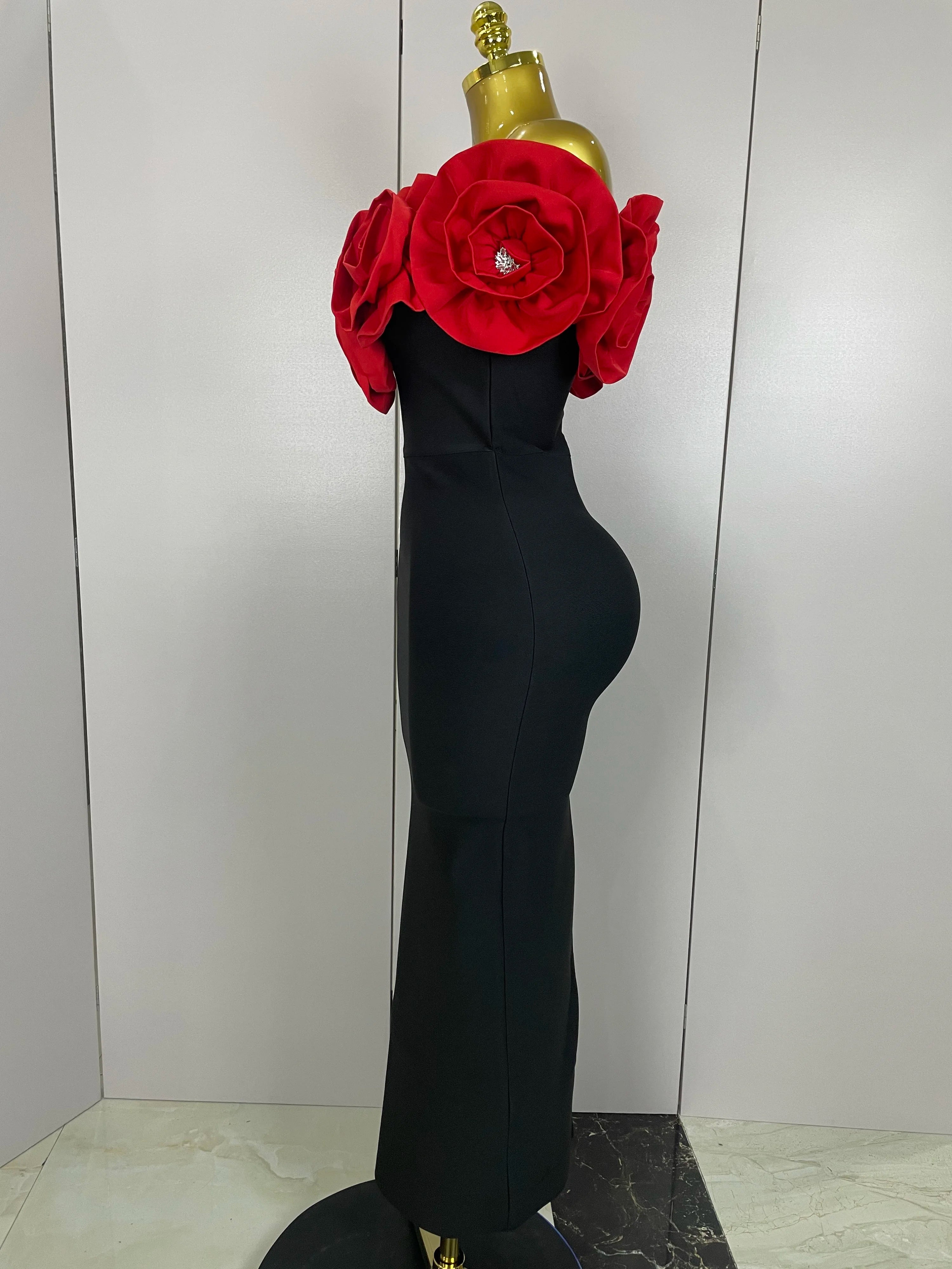 Stereoscopic Flowers Off The Shoulder Ankle Length Bandage Dress