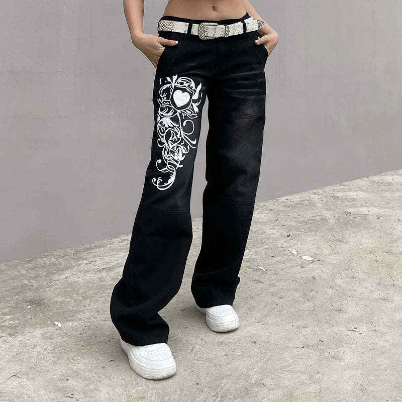 printed Cargo Jeans Y2K High Waist Streetwear Baggy Straight wide leg jeans