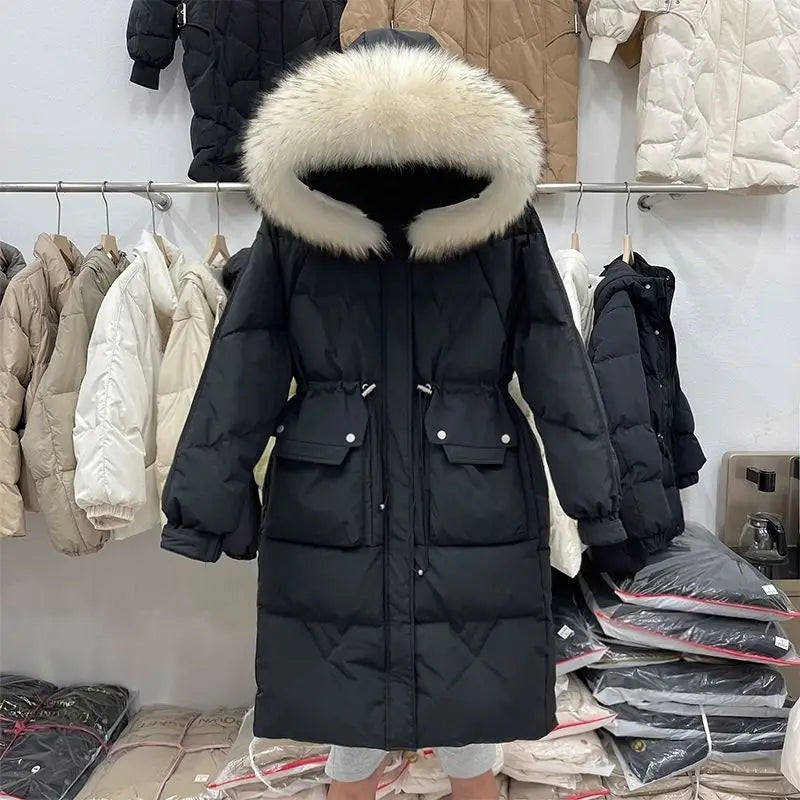 High End Goose Down Medium Length Thick Fur Collar Hooded Warm Coat