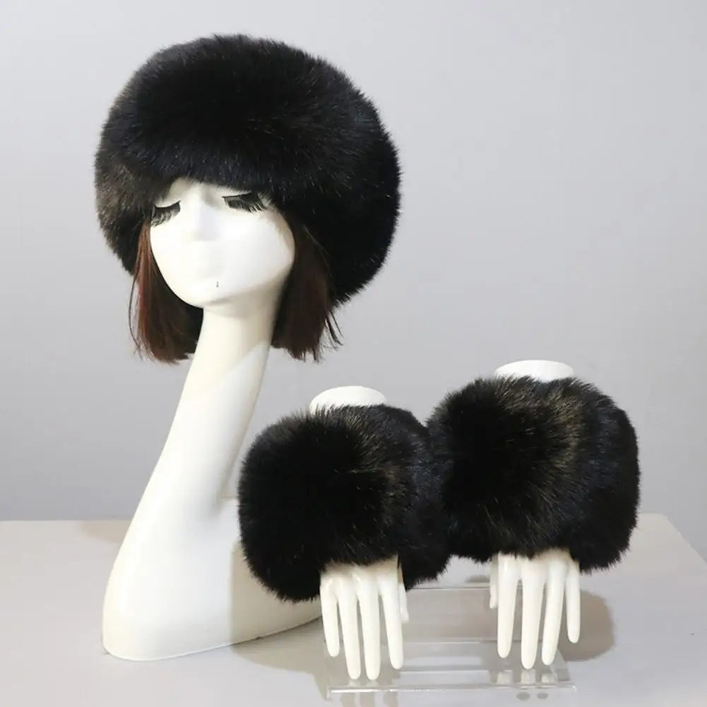 Fluffy Faux Fur Empty Top Soft Keep Warm Elastic Cozy Hat Cuffs Set for Outdoor