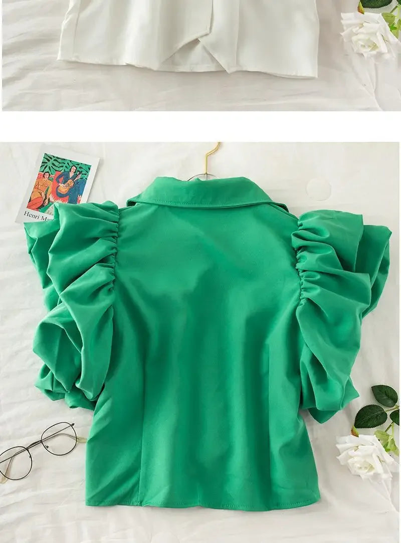 Lantern Short Sleeve Pleated Ruffled Blouse