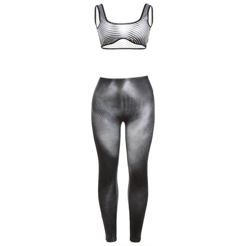 Gradient Stripe Print 2 Piece Set Backless Tank Tops+Leggings Set