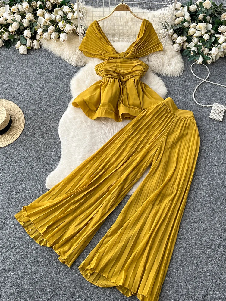 High End Elegant Pleated Sleeveless Chiffon Top+High Waist Wide Leg Pants Two Piece Set