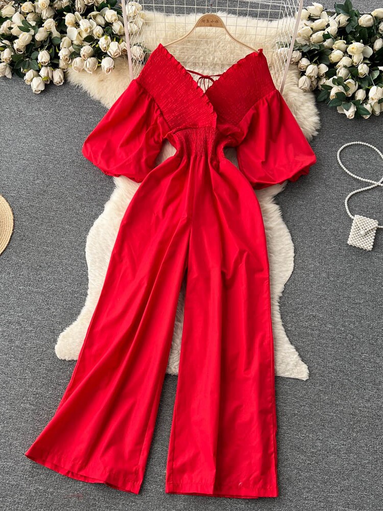 Ruffle Jumpsuits Puff Short Sleeve High Waist Romper