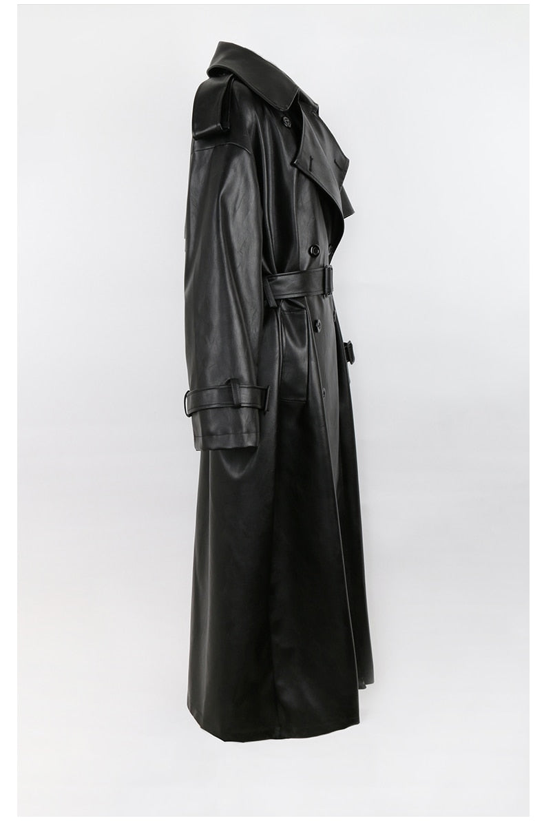 Black Pu Leather Trench Coat