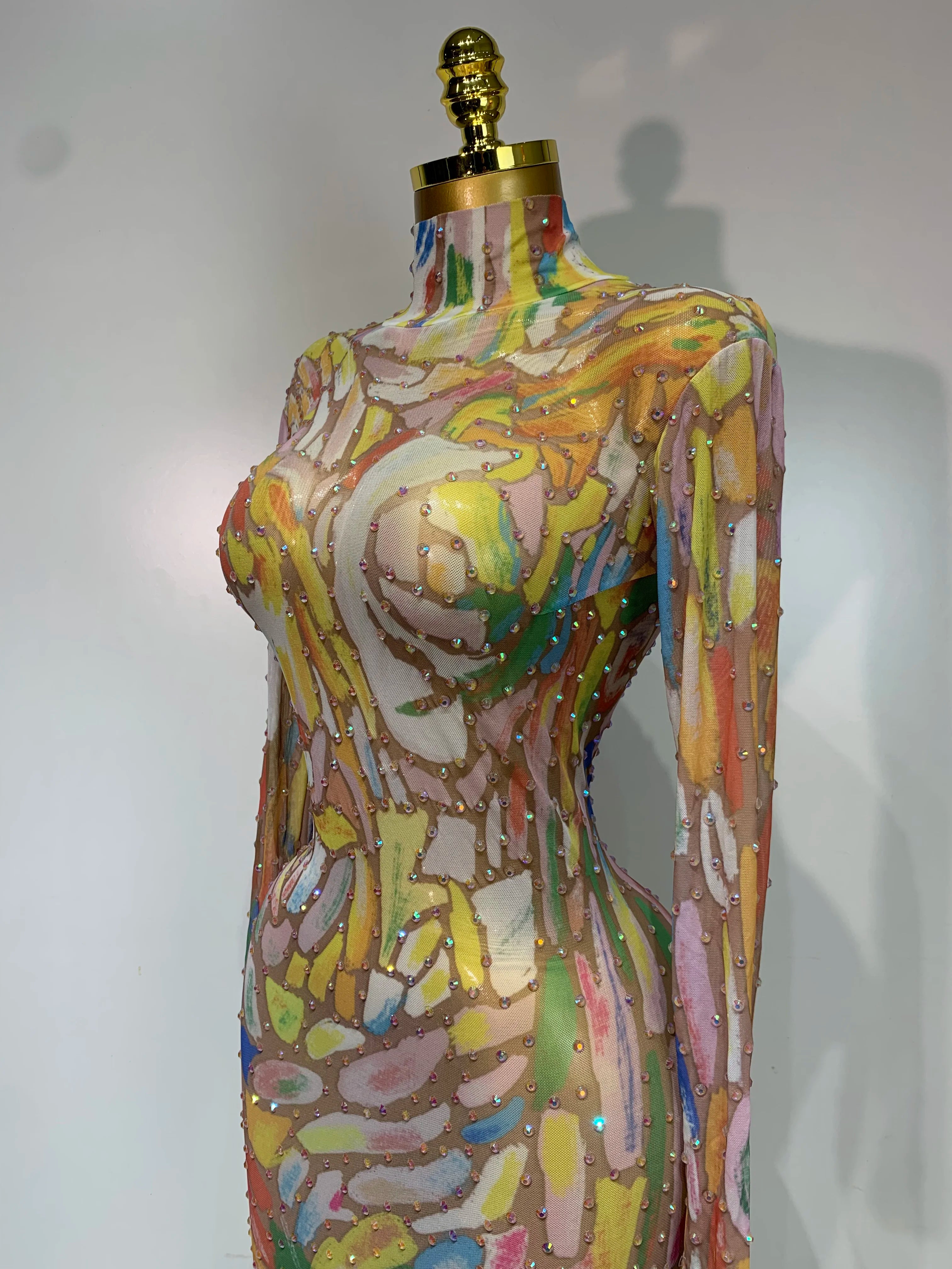 Stretchy See Through Mesh Sparkly Rhinestone Dress