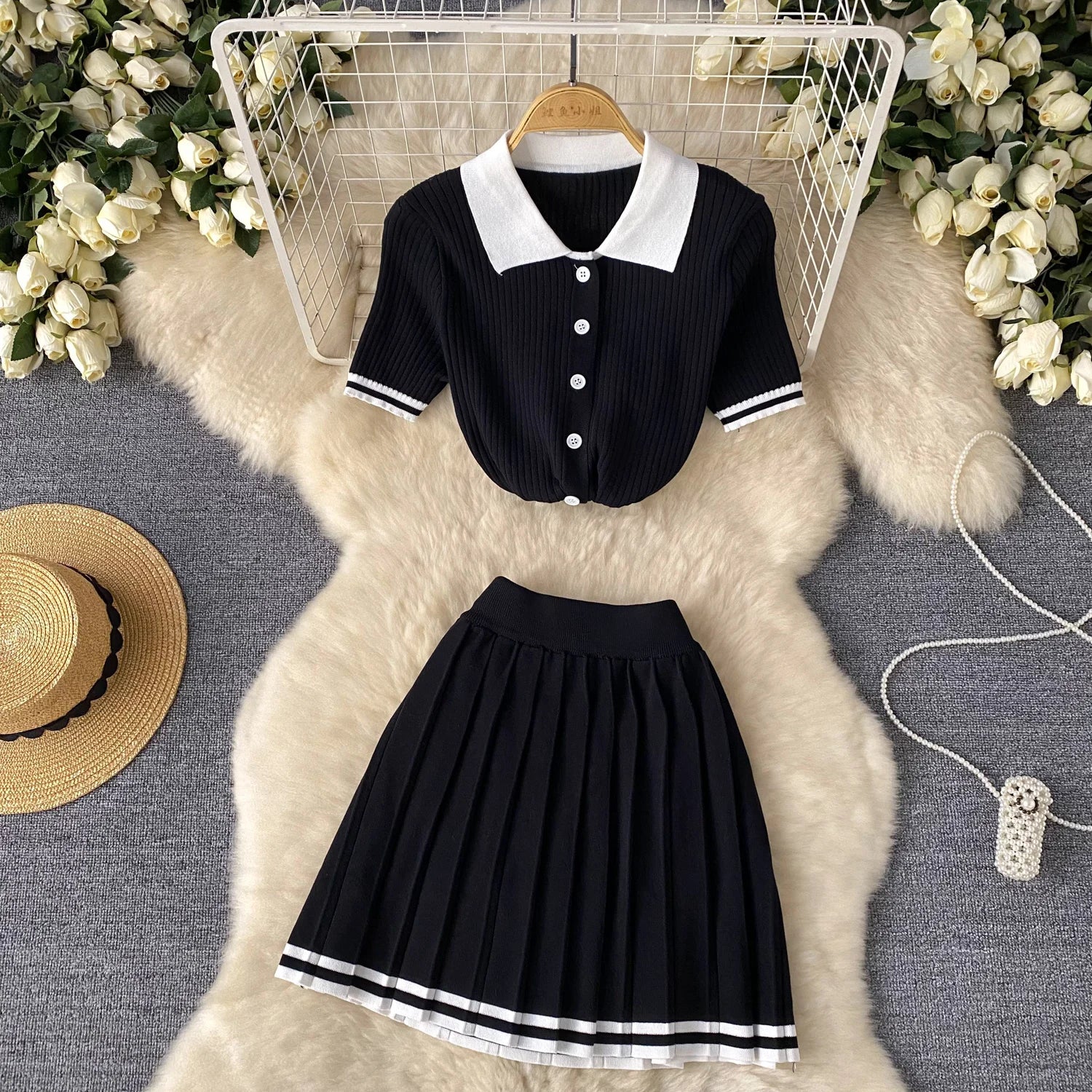 Short Sleeve Shirt+Pleated Skirt Two pcs Set