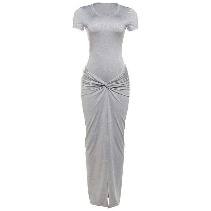 Two Piece Short Sleeve O-neck Bodysuits+pleated Maxi Split Skirts