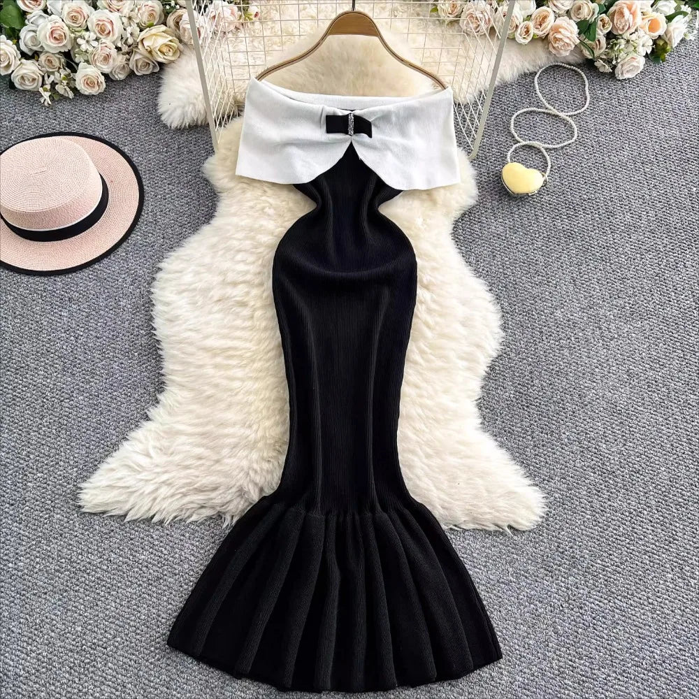 Elegant Slash Neck Mermaid Knit Bodycon Luxury Dresses