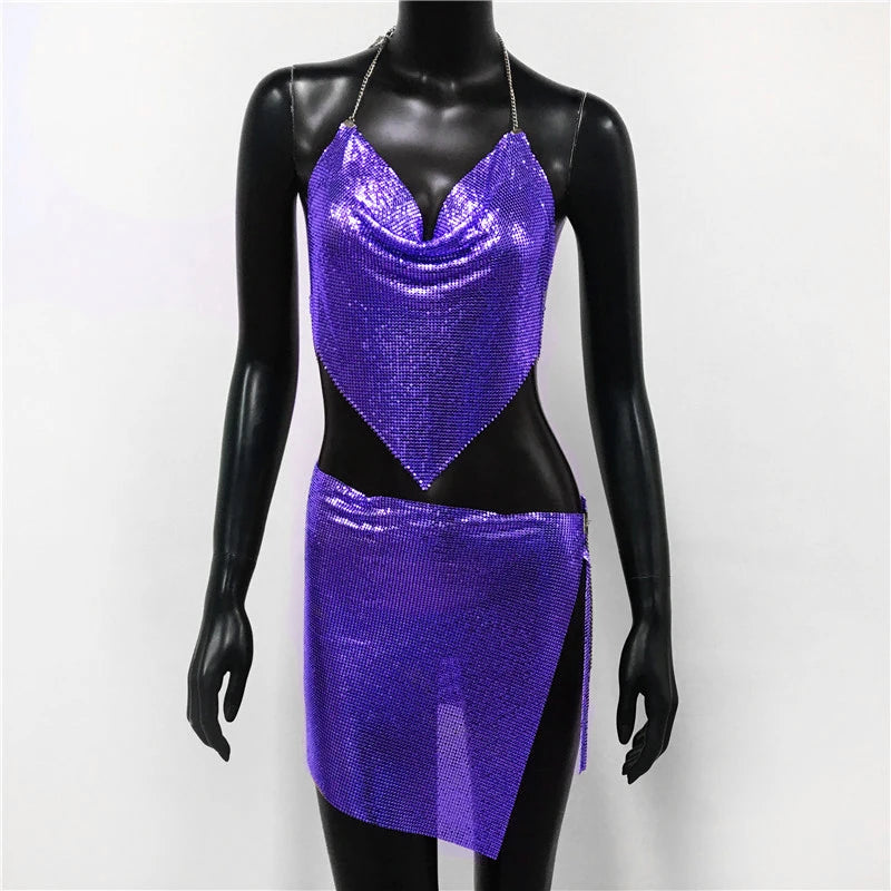 Metal Sequins 2 Piece Set Backless Halter Tank Tops Split Mini Skirts