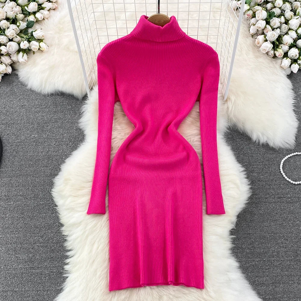 Elegant Turtleneck Long Sleeve Knit Bodycon Pencil Sweater Dress Autumn Winter Clothing