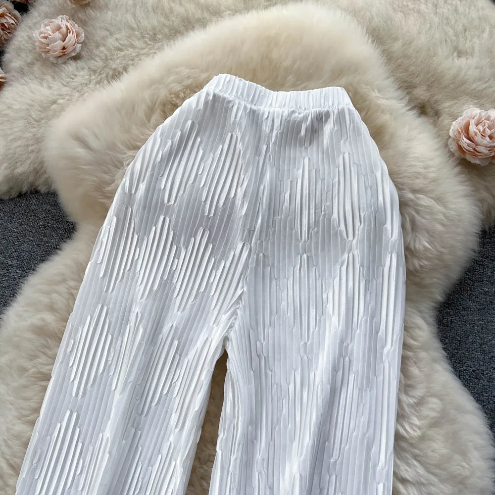 Pleated Vintage Striped Long High Waist Wide Leg Trousers