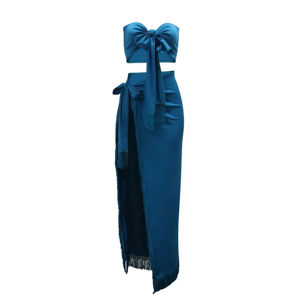 Strapless Crop Top + Ruched Split Tassel Long Skirts Two Piece Sets