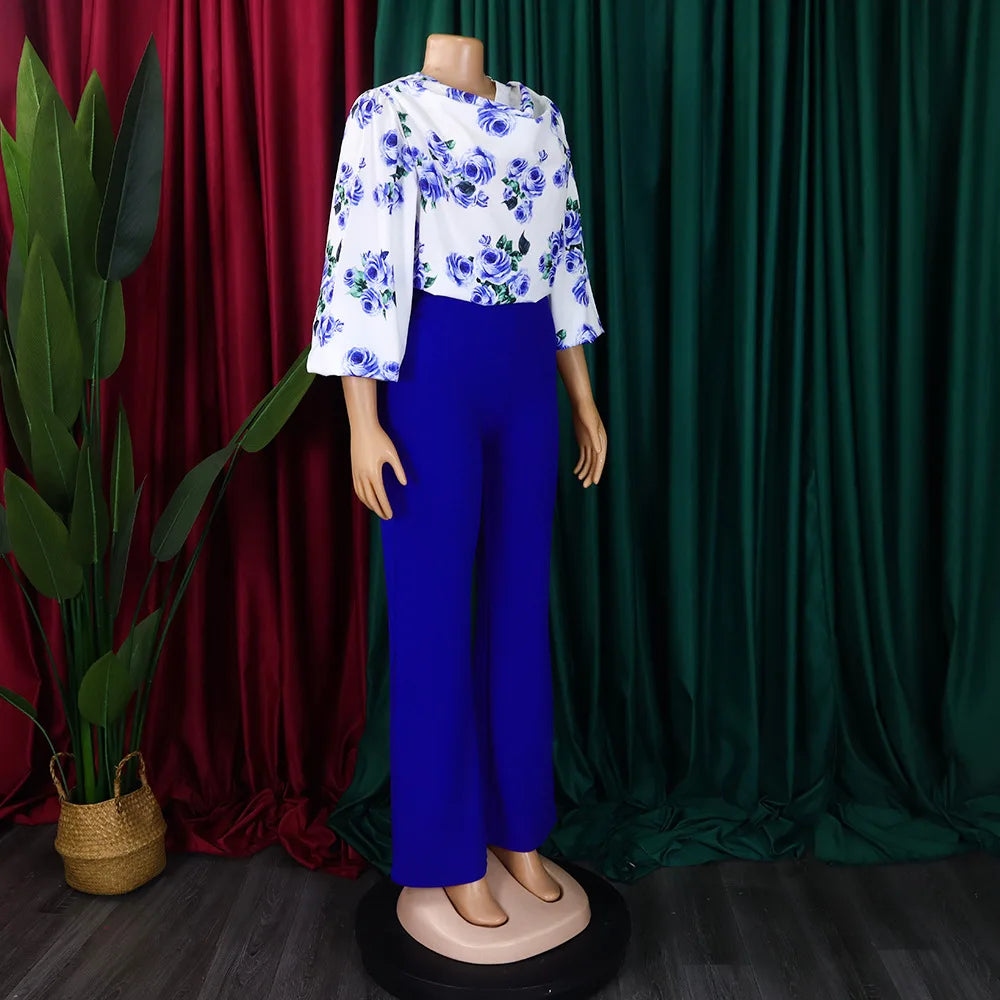 Two Piece Sets Slim Fit Print Floral Round Neck Lantern Sleeve Elegant Splice Wide Leg Long Pants
