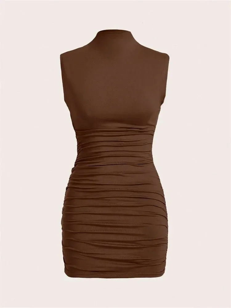 Pleated Sleeveless Mock Neck Ruched Pencil Short  Mini Bodycon Dress