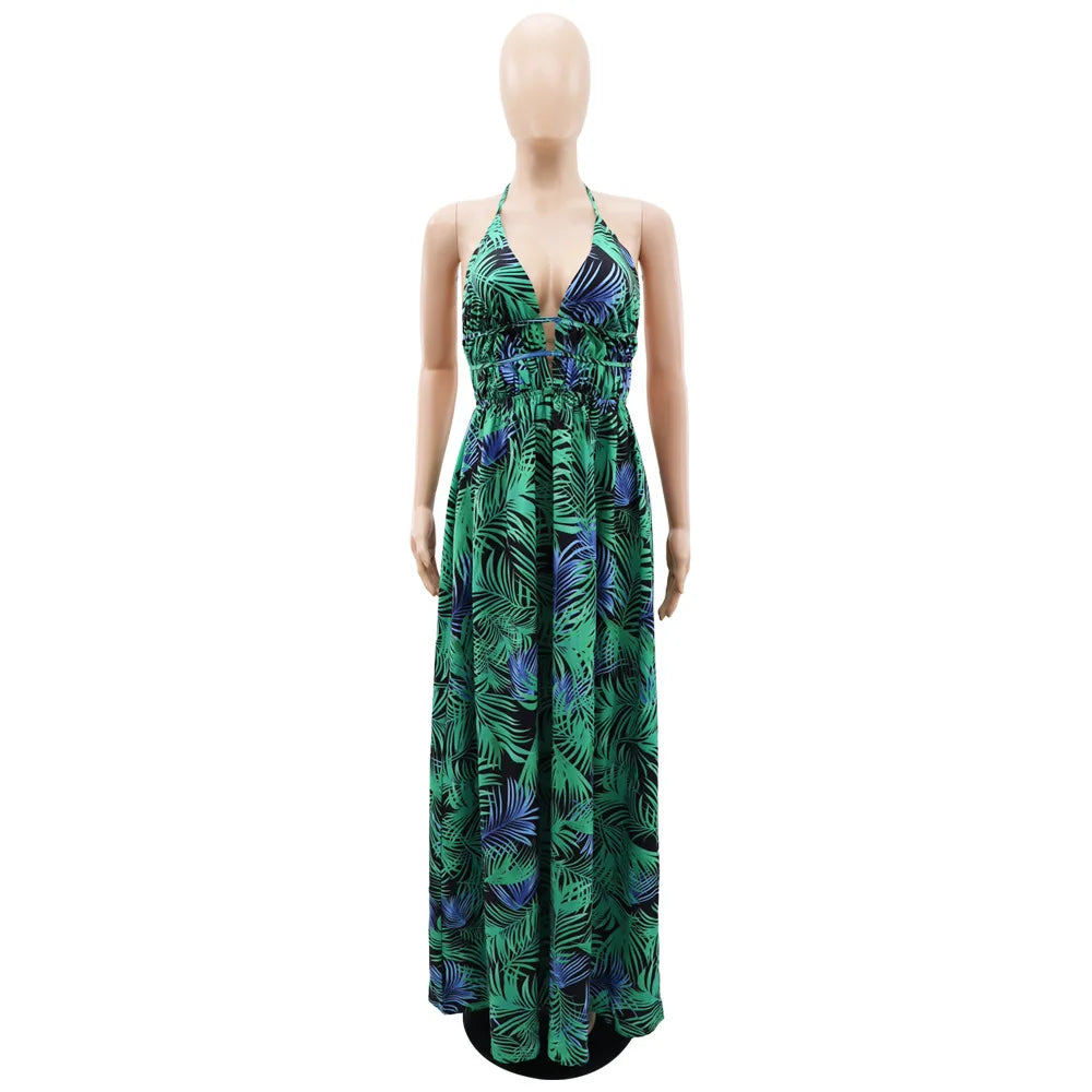 Leaf Printed Spaghetti Strap Backless Deep V-neck Straight Maxi Long Dress