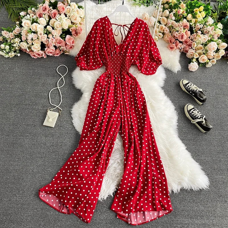 V Neck Dolman Sleeves Floral Print Wide Leg Jumpsuit