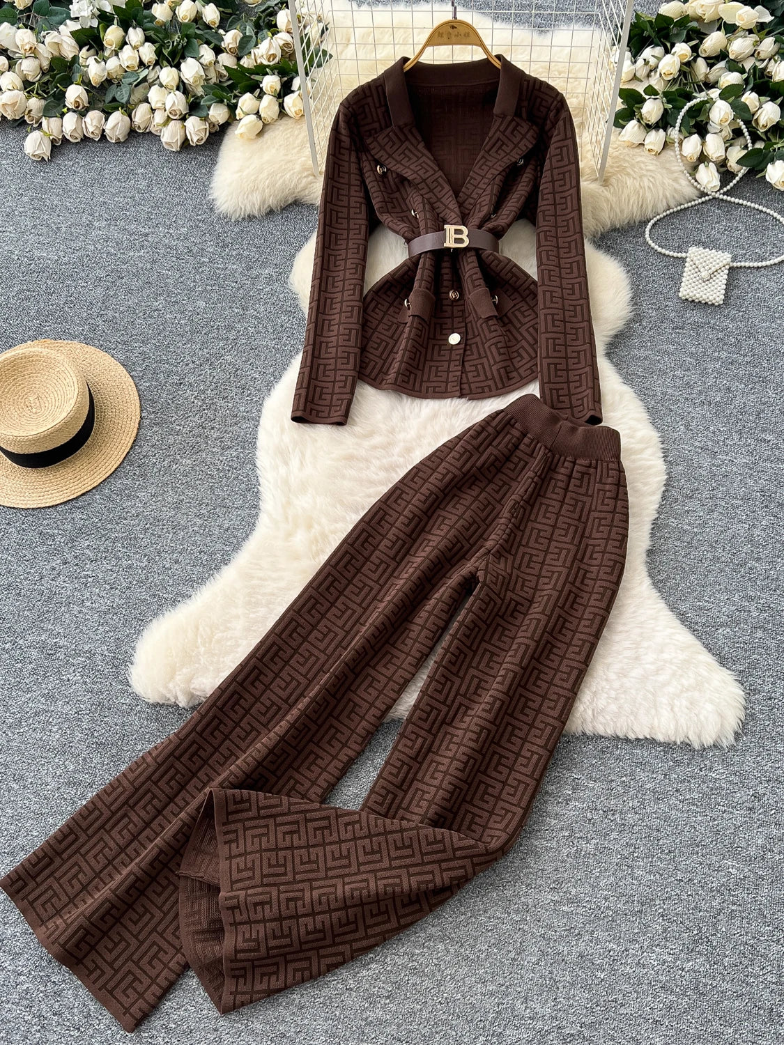 Elegant High Waist Pants Knitted Top with Belt Two Piece Set