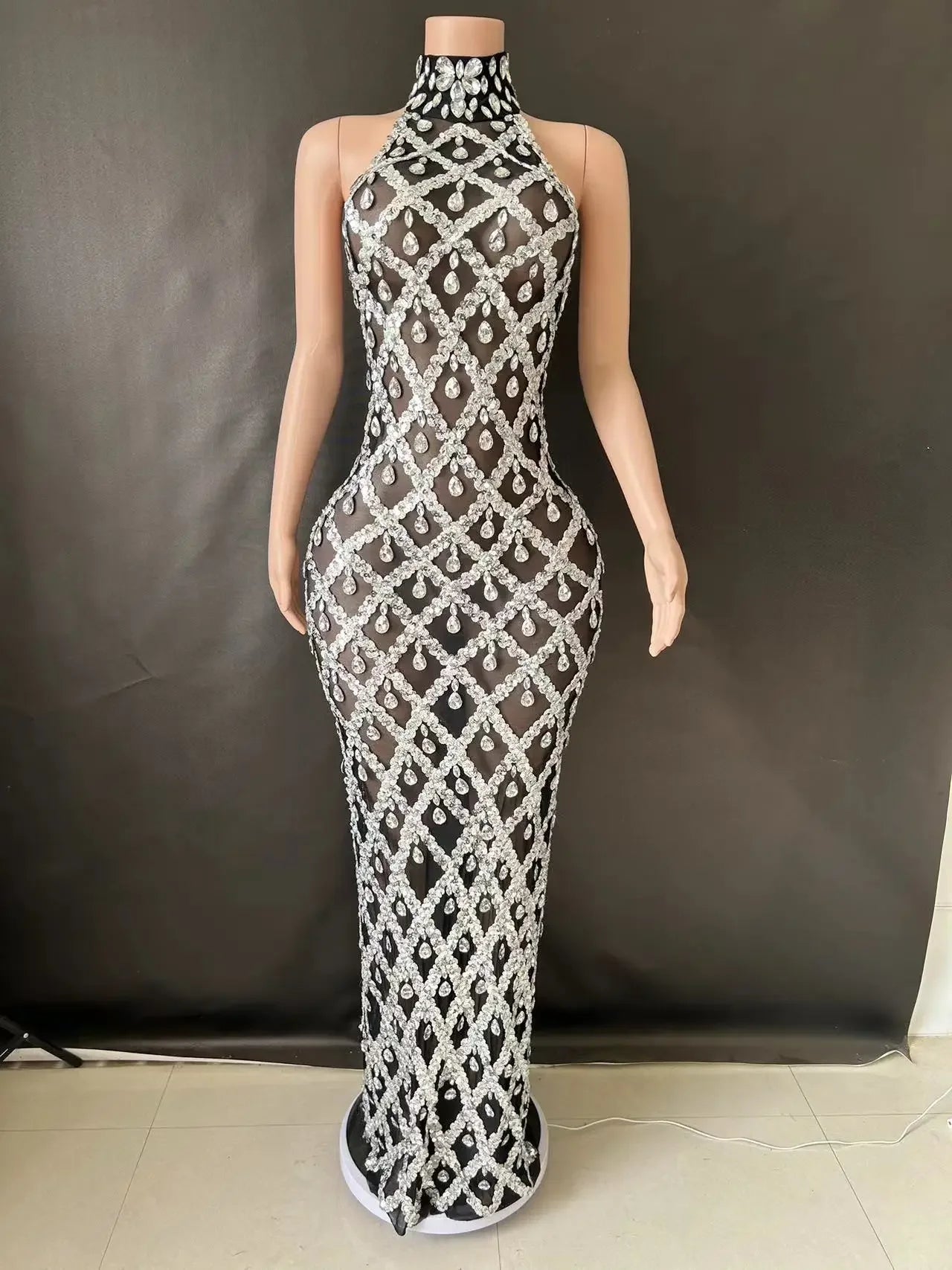 Prom Birthday Dress Transparent Rhinestone Sequins Dress