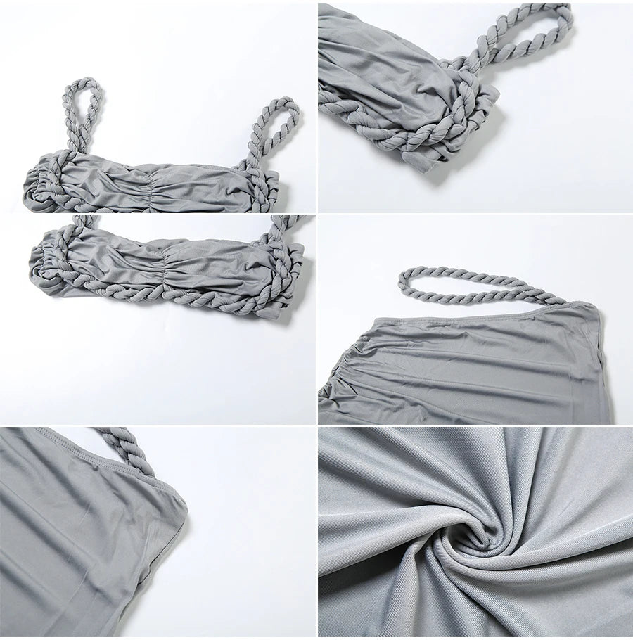 Square Collar Top+Skinny Long Skirts Bandage Ruched  2 Piece Set