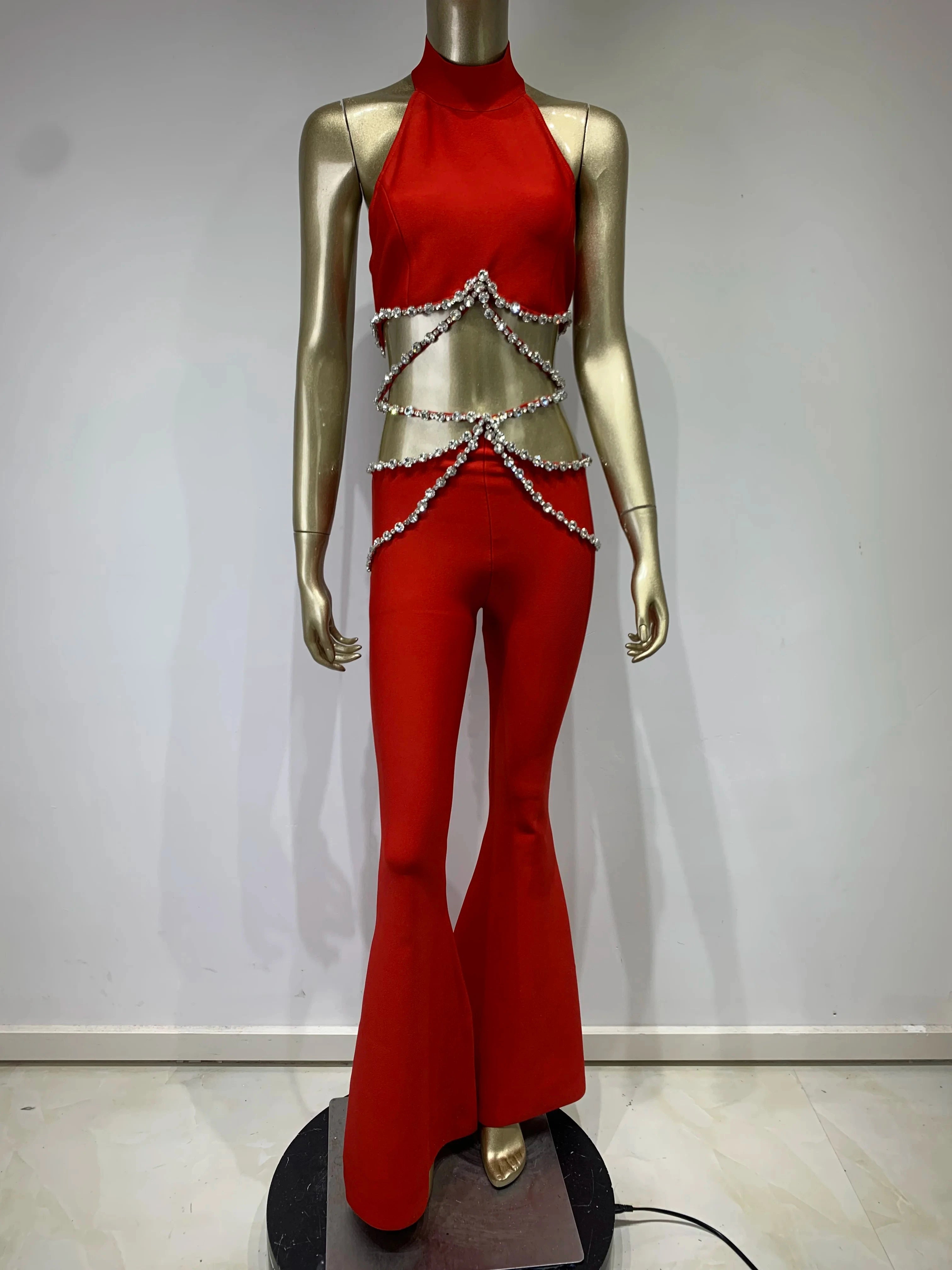 Luxury Sexy Cut Out Sleeveless Beading Flare Bandage Pants Set Elegant Evening Jumpsuit