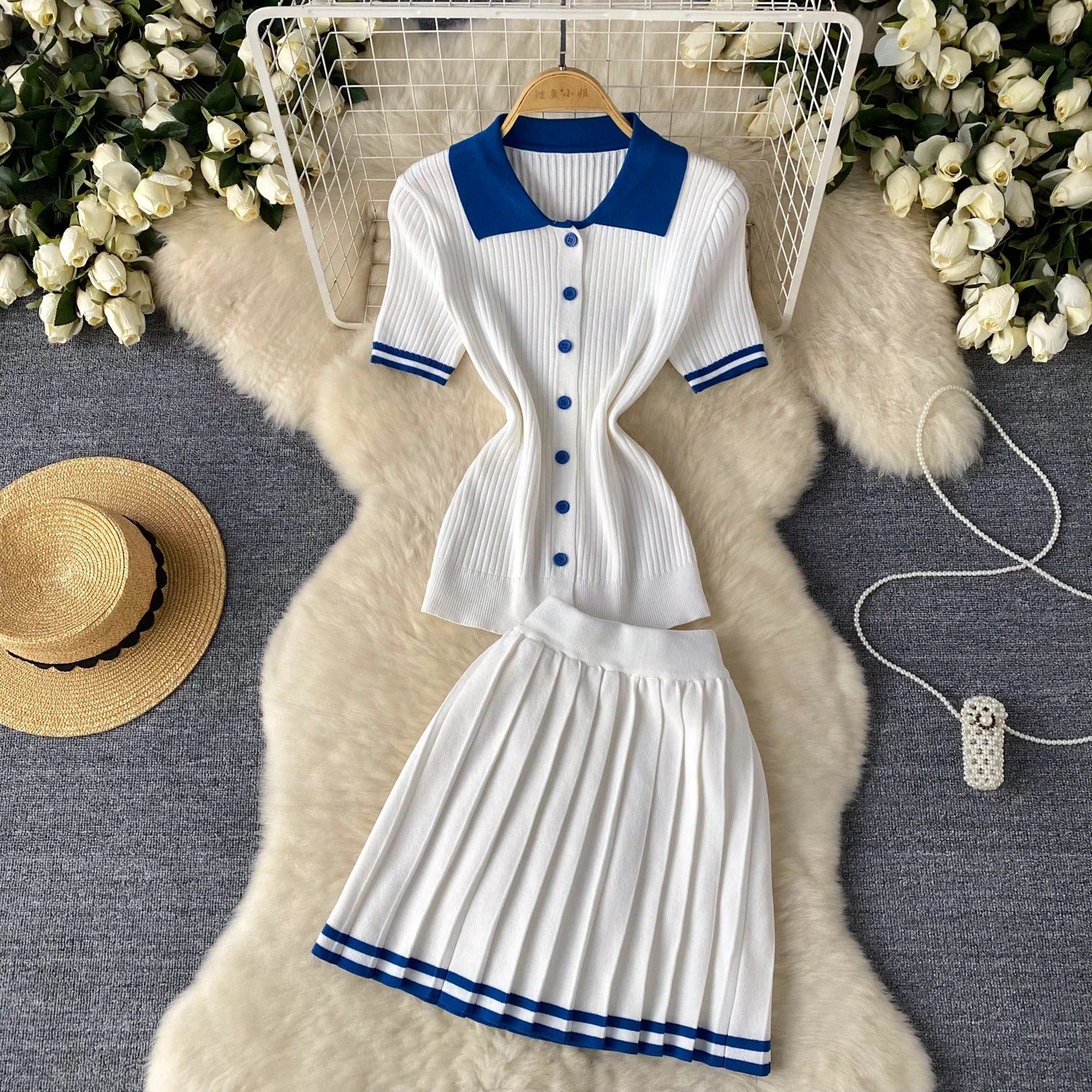 Short Sleeve Shirt+Pleated Skirt Two pcs Set