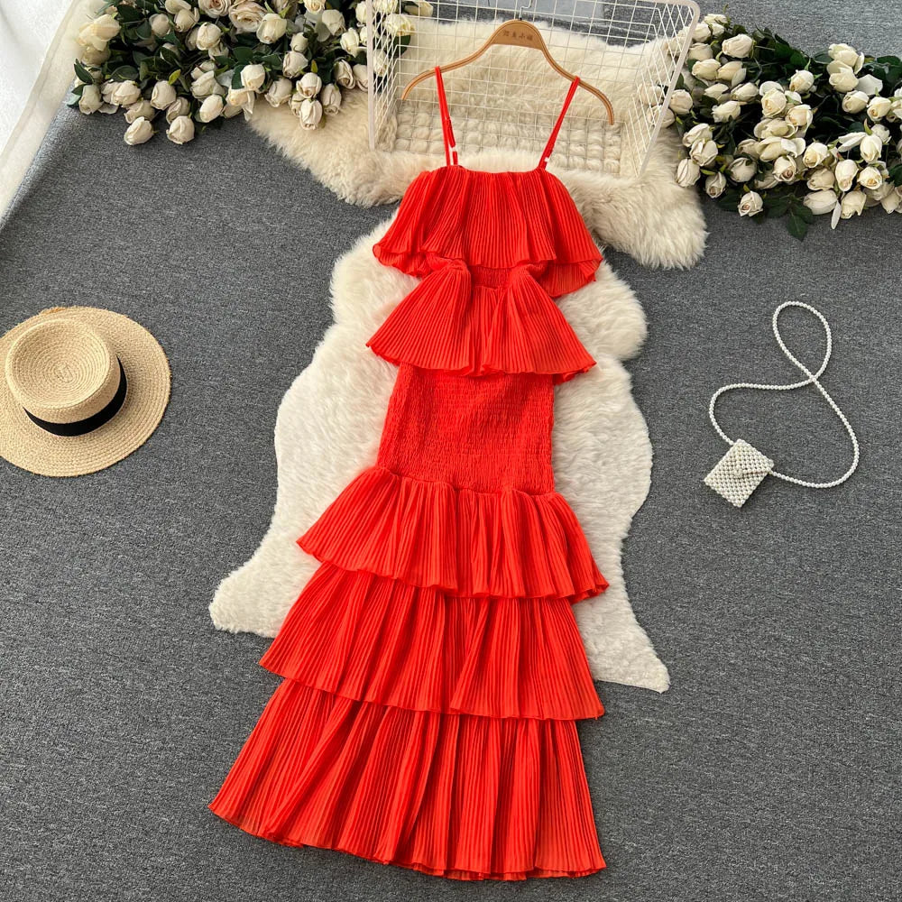 Ruffles Pleated Strapless Sleeveless Slim Dress