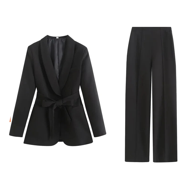 Long Sleeve Belt Bow Blazers Suit Coat Chic Female High Waist Trousers Two Piece Sets